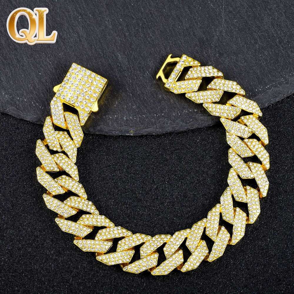 Hip-Hop Style Cuban Chain High-Quality 15MM Diamond-Shaped 3-Row Diamond Necklace Unisex Thickened Bracelet Wholesale
