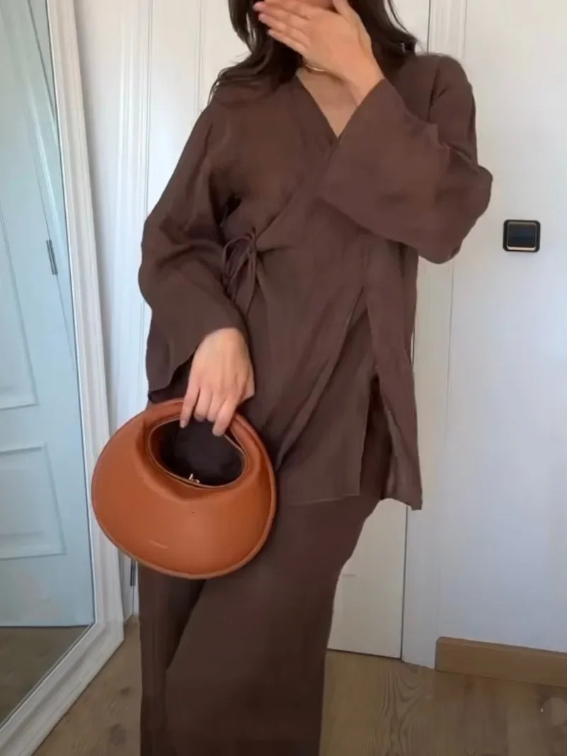 Women Vintage Loose Suits Long Sleeve V Neck Linen Kimono Cross JacketsHigh Waist Wide Leg Pants Fashion Summer Sets 260303
