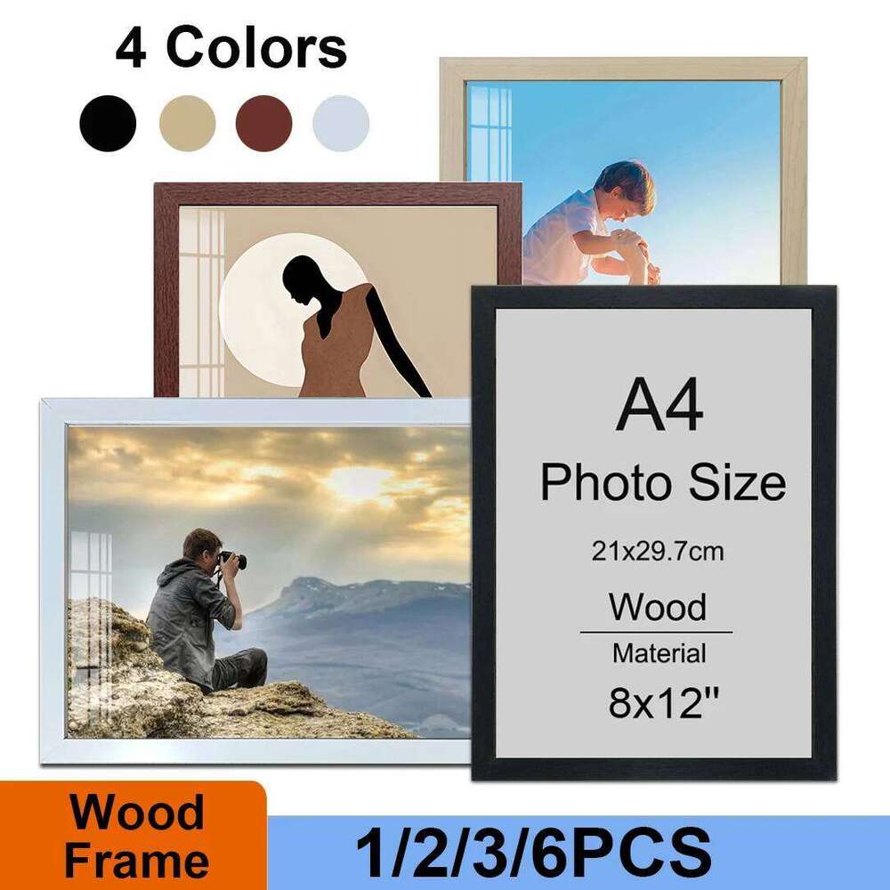 4 Colors A4 Picture Frame1/2/3/6PCS Wood Canvas 8x12inch Black White Brown Photo Frames Home Decor Poster Frame H260306