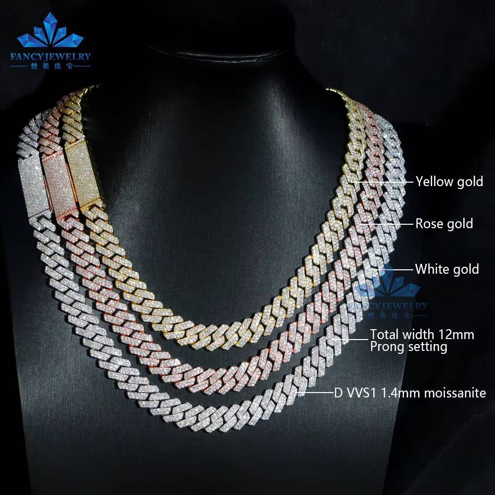 Fine Jewelry 8mm-12mm Iced Prong Cuban Link Chain Gold Plated Hip Hop Moissanite Set Wedding Gift Engagement Party