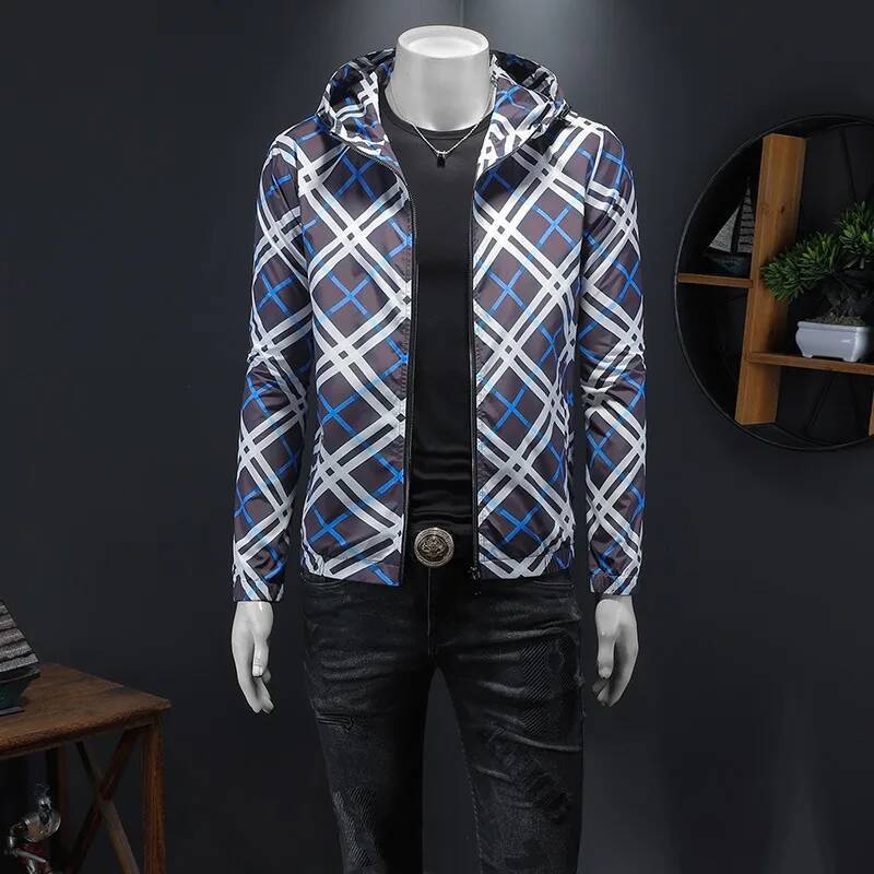 Minglu Spring Autumn Hooded Plaid Printed Mens Jackets Luxury Sport Casual Long Sleeve Male Coats Man Overcoat Plus Size 5XL