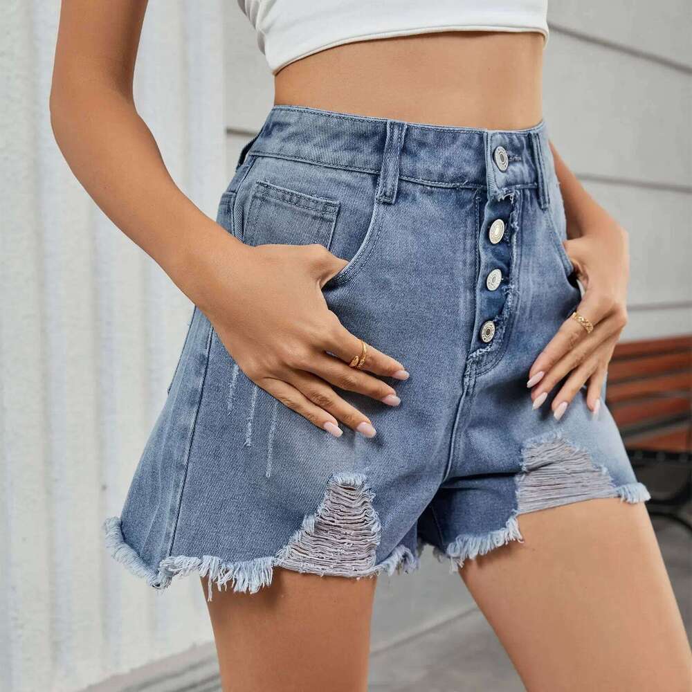 Personality Versatile Washed Ripped High-waist Shorts. Ladies Summer New Fashion Design Casual One Row Button Denim Shorts XJ260306