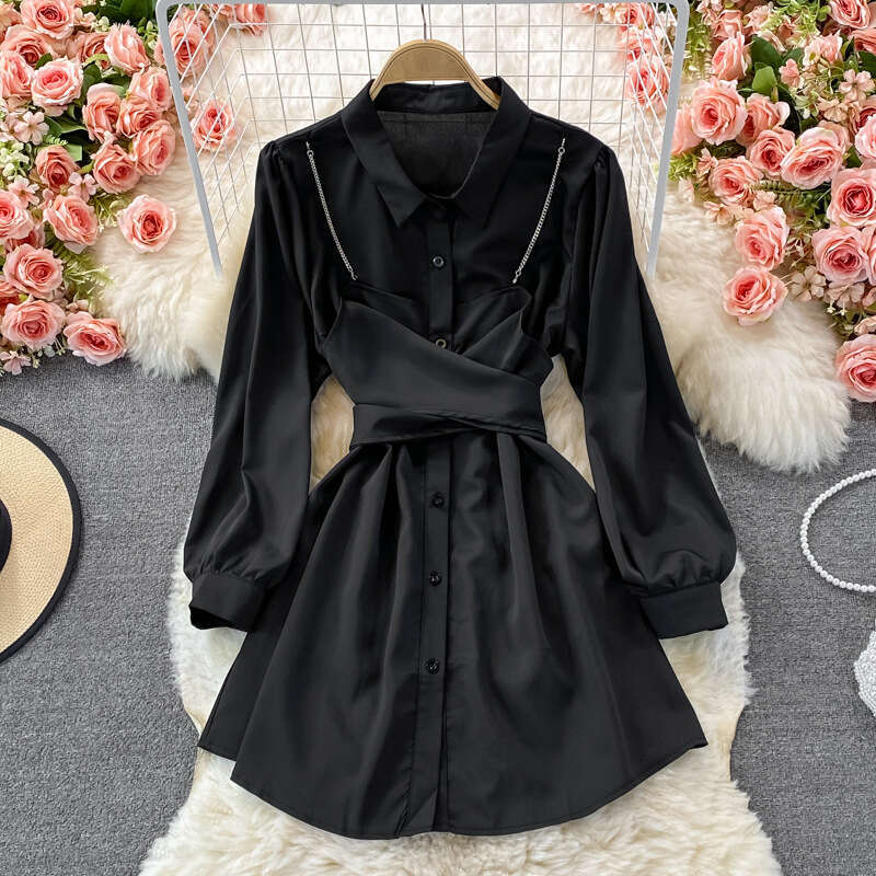 2026 Spring/Autumn Designer Korean Edition New Nichi Elegant Two Piece Tie Waist Long Sleeve Collar Dress