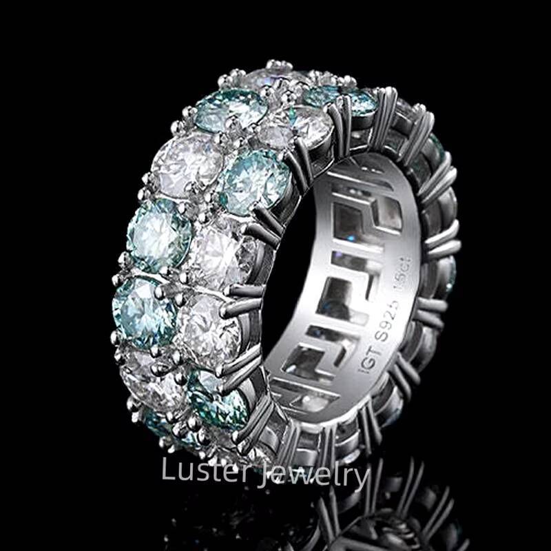 Luster Jewellery Sterling Wedding Band D White and Blue Moissanite 925 Men Silver Ring