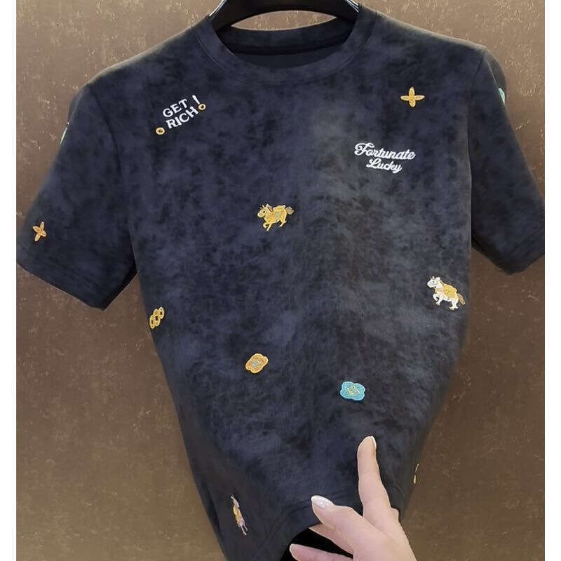 Get Rich Soon Men's Embroidered T-Shirt Light Luxury High-Quality Versatile High-End Round Neck Fashionable Short Sleeve Luanyun
