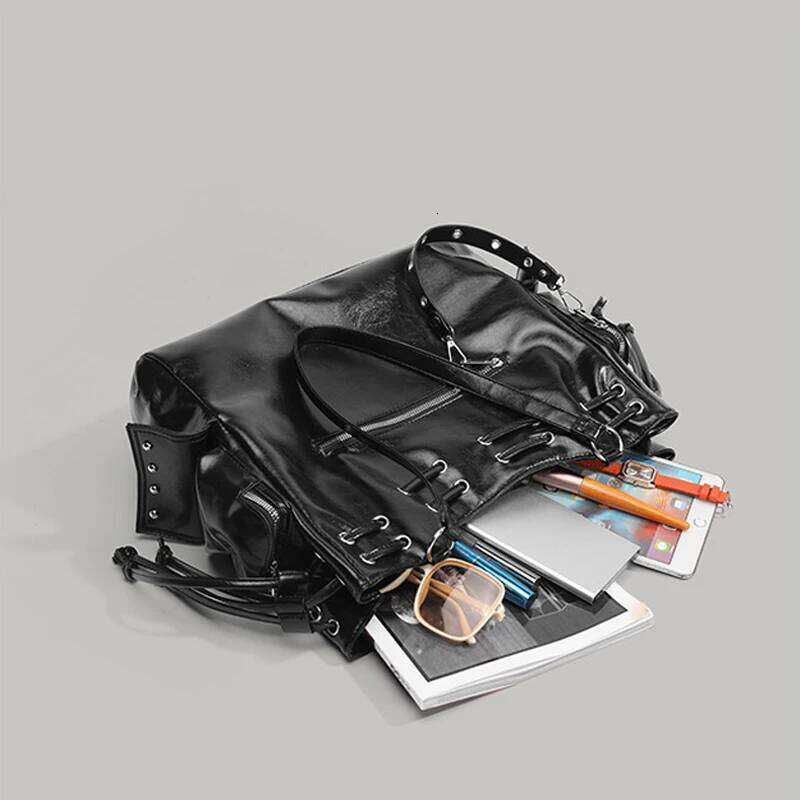 SHELKSBAG Y2k Style Studded String Large Capacity Handbags Woman Pu Leather Shoulder Bag Cool Girl Purse Streetwear Tote Bags XJ260306