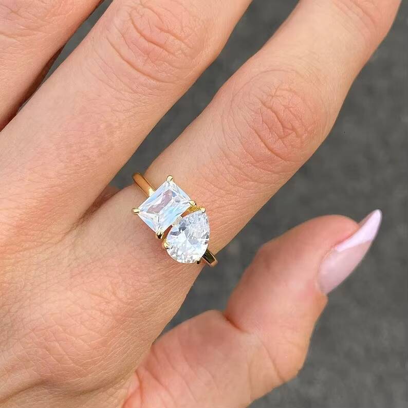 Goldleaf Jewellery 14k Solid Yellow Gold Double Stone Wedding Ring Rectangle Cut Pear Cut D VVS Moissanite Bride Ring Engagement