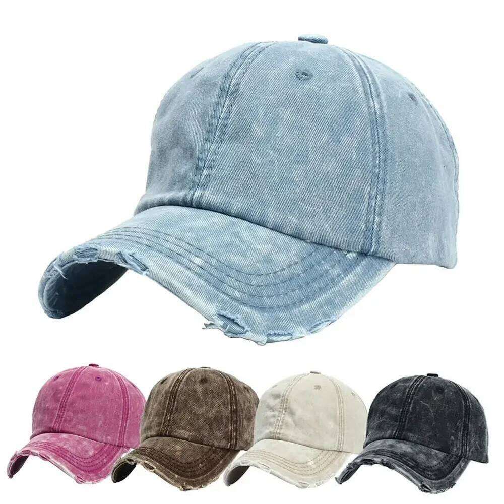 Vintage Washed Cotton Baseball Ripped Wide Brim Round Top Tie-Dye Denim Adjustable Unisex Sun Hat Sport Cap for Outdoor Y260304