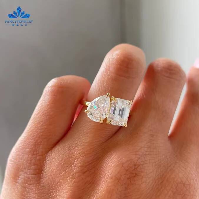 Toi Et Moi Emerald Cut 7x9mm and Pear Cut 7x10mm Engagement Ring 14k Yellow Gold Moissanite Ring With GRA Certificate