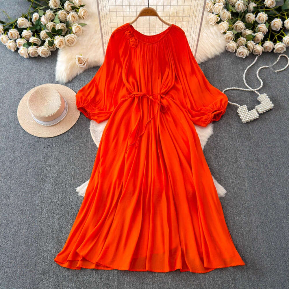 Designer's high-end elegant ladylike temperament fashionable lantern long sleeved round A13 neck waist cinched slimming tie waist A-line smooth d