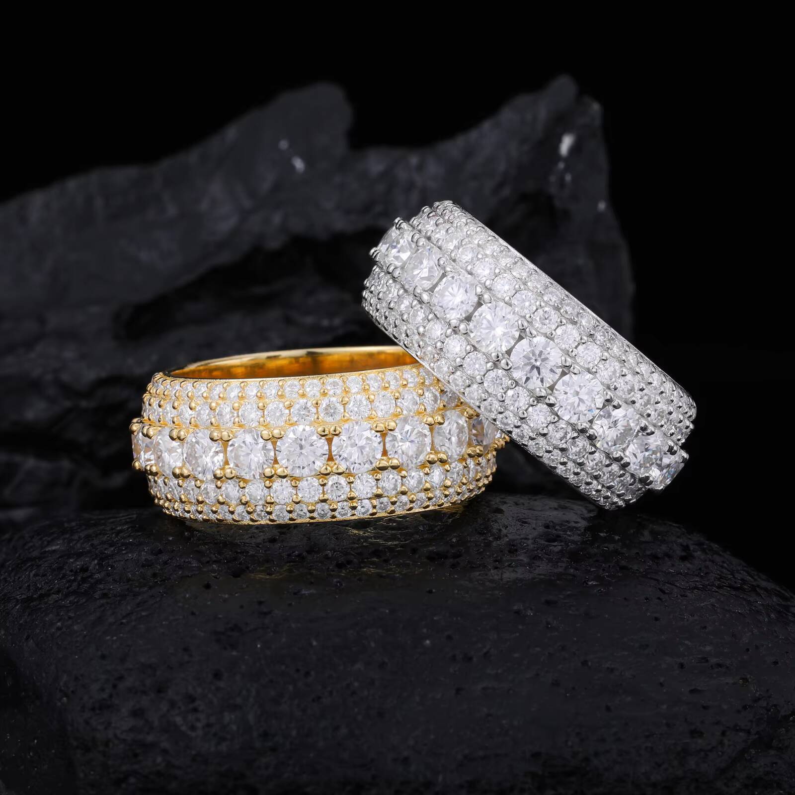 USA Warehouse Bling Fine Jewelry Gold Plated 925 Sterling Silver 5 Rows VVS Moissanite Diamond Wedding Band Ring for Men