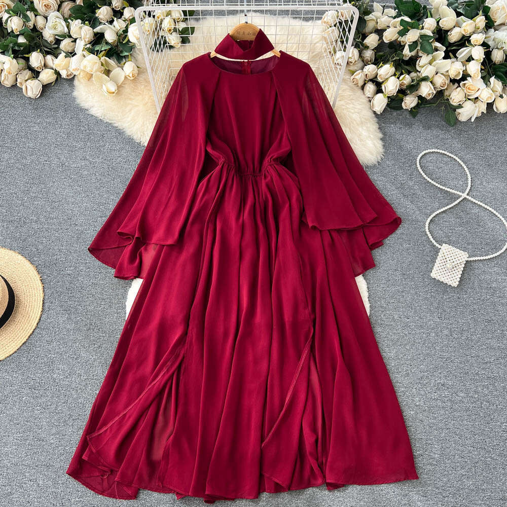 2026 high-end mature A12 style red elegant long sleeved shawl skirt summer women's clothing waist design and slit