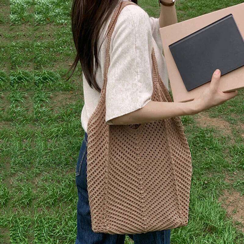 Women Crochet Tote Candy Fashion Knitted Large Capacity Woven Shoulder Bags Solid Color Simple Shopping Bag for Summer Beach XJ260306
