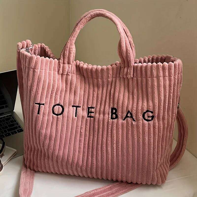 New Style Striped Velvet Handbag Women Shoulder Bag, Large Capacity Crossbody Bags, Versatile Letter Corduroy Women's Tote Bag XJ260306