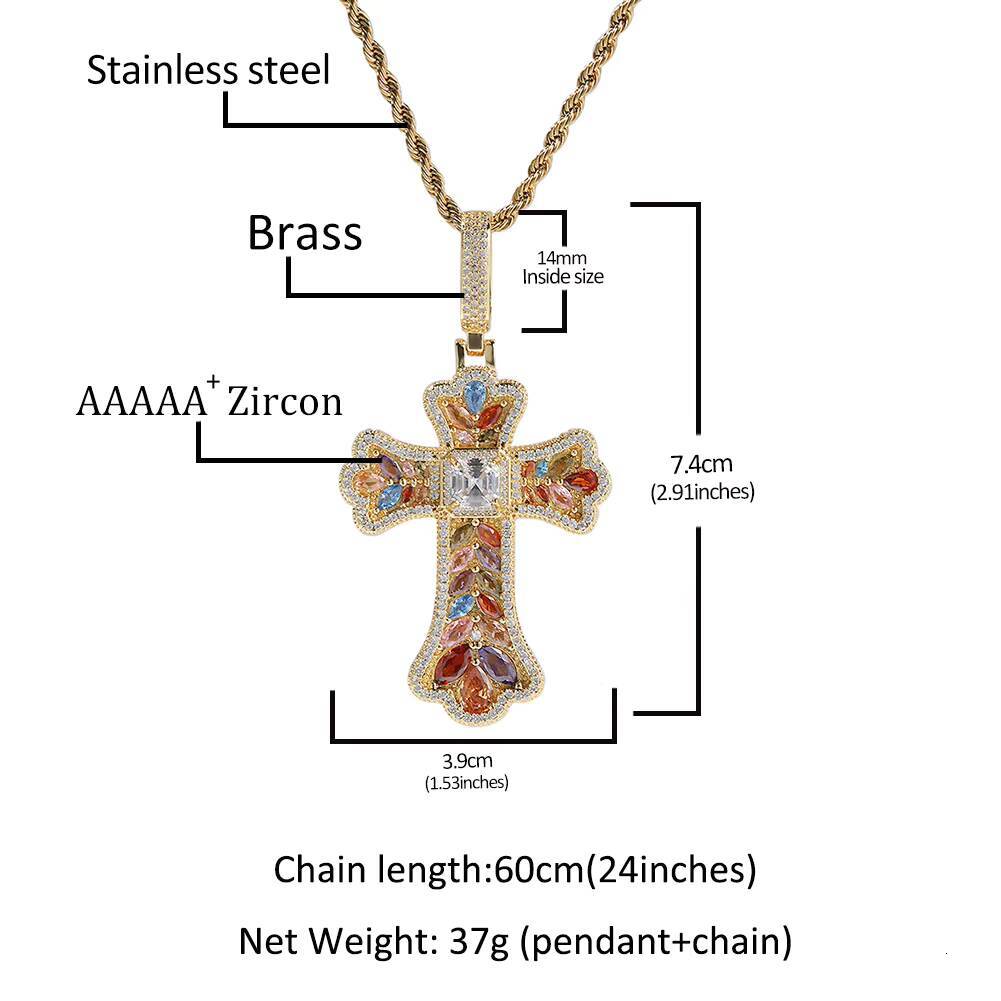 Personalized Fashion New Design Hip Hop Jewelry Colorful Ear of Wheat Shape Rainbow Zircon Cross Pendant Necklace for Women Men