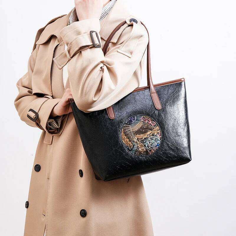 New Totem Embossed Handbag for Women, Vintage Handmade Distressed Large Capacity Shoulder Bag, Luxe Tote XJ260306