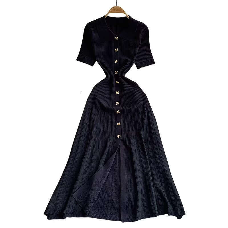 Elegant women's style short sleeved A-line new metal buckle waist slimming fish tail cut knitted dress 2026