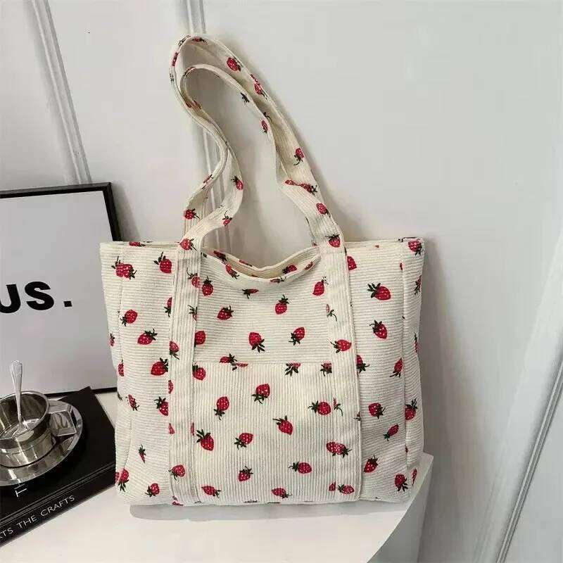 Corduroy Handbag Strawberries Beach Fashionable Versatile Shoulder LargeCapacity Simple Commuter Women's Tote Bag Bolsos XJ260306
