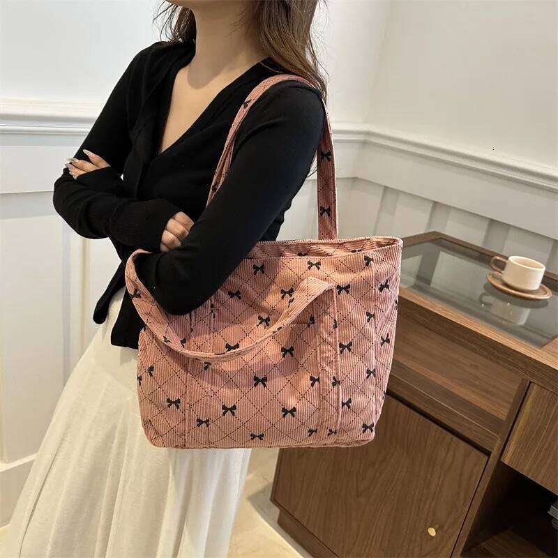 Corduroy Tote Bow Pattern Shoulder Bag Large Capacity Fashion Underarm Commuting Handbags Shopping Bags Eco-friendly Handbag XJ260306