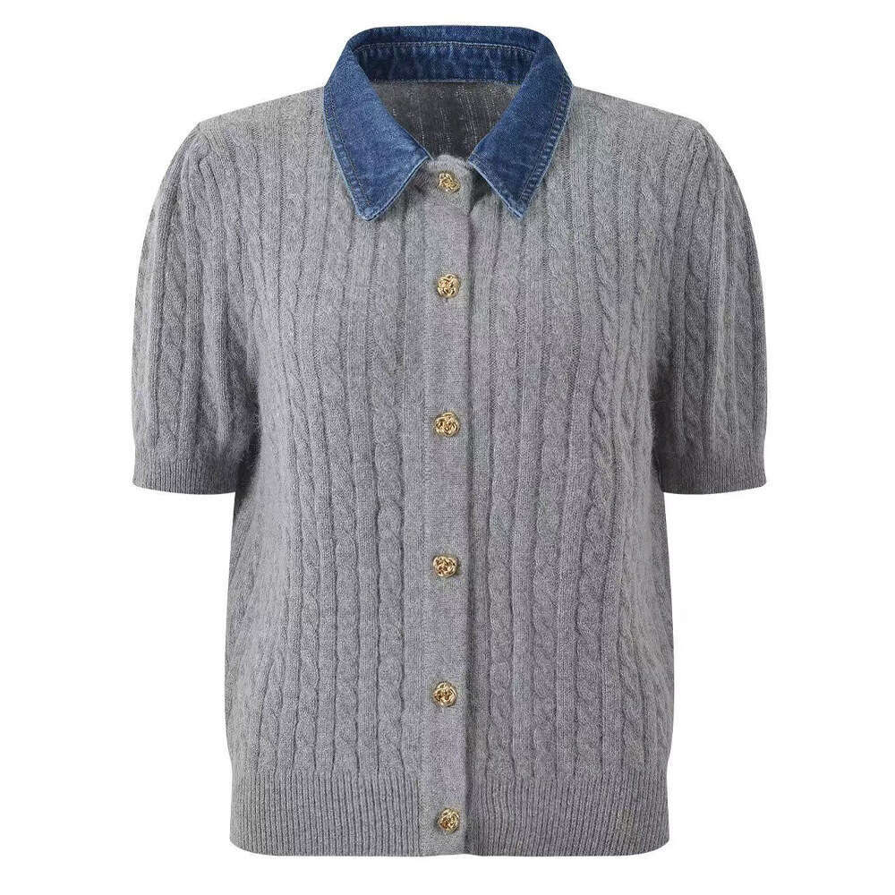 2026 Autumn/Winter New Collection with Cowboy Splicing, Detachable Collar, French Elegant A13 Slimming Cut, and Slimming Short Knitted Sweater