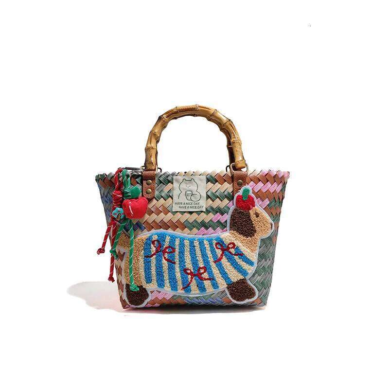 Retro Striped Dachshund Dog Woven Handbag Nylon Rope Pendant Tote Hand Women's Beach Bag XJ260306