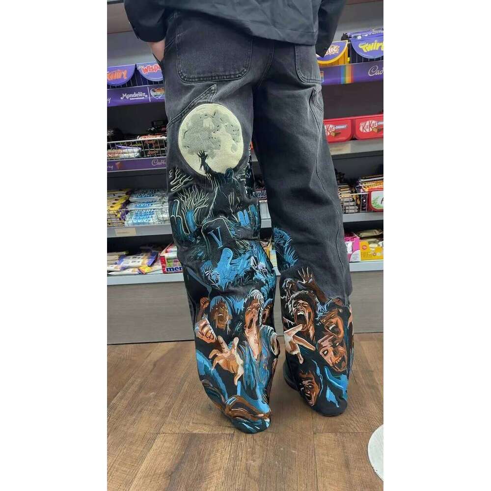 Thriller Zombie Full Embroidery Hip Hop Punk Men Women High Waist Straight Wide Leg Denim Pants Y2k Retro Baggy Jeans C260522