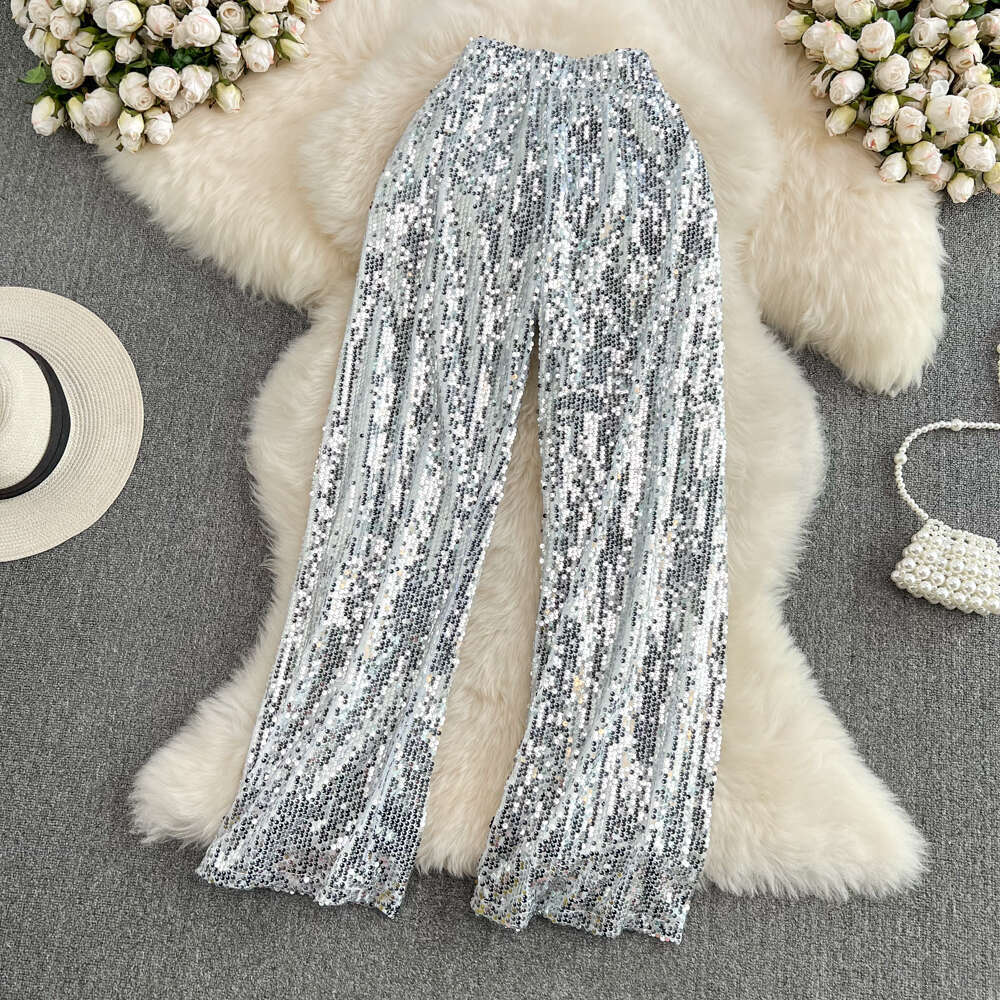 2026 Spring and Summer New Fashionable Unique Glitter Elastic High Waist Wide Leg Casual A13 Women's Pants with Hanging Effect