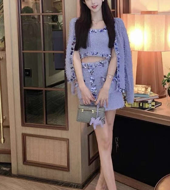 2026 a2 autumn and winter elegant women's fashion design sequins eye-catching outerwear vest skirt knitted three piece set