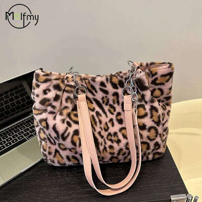 Plush Underarm Handbag Women Leopard Tote Bags Lady Luxury Fluffy Shoulder Chain Large Capacity Commuter Handle Bag XJ260306