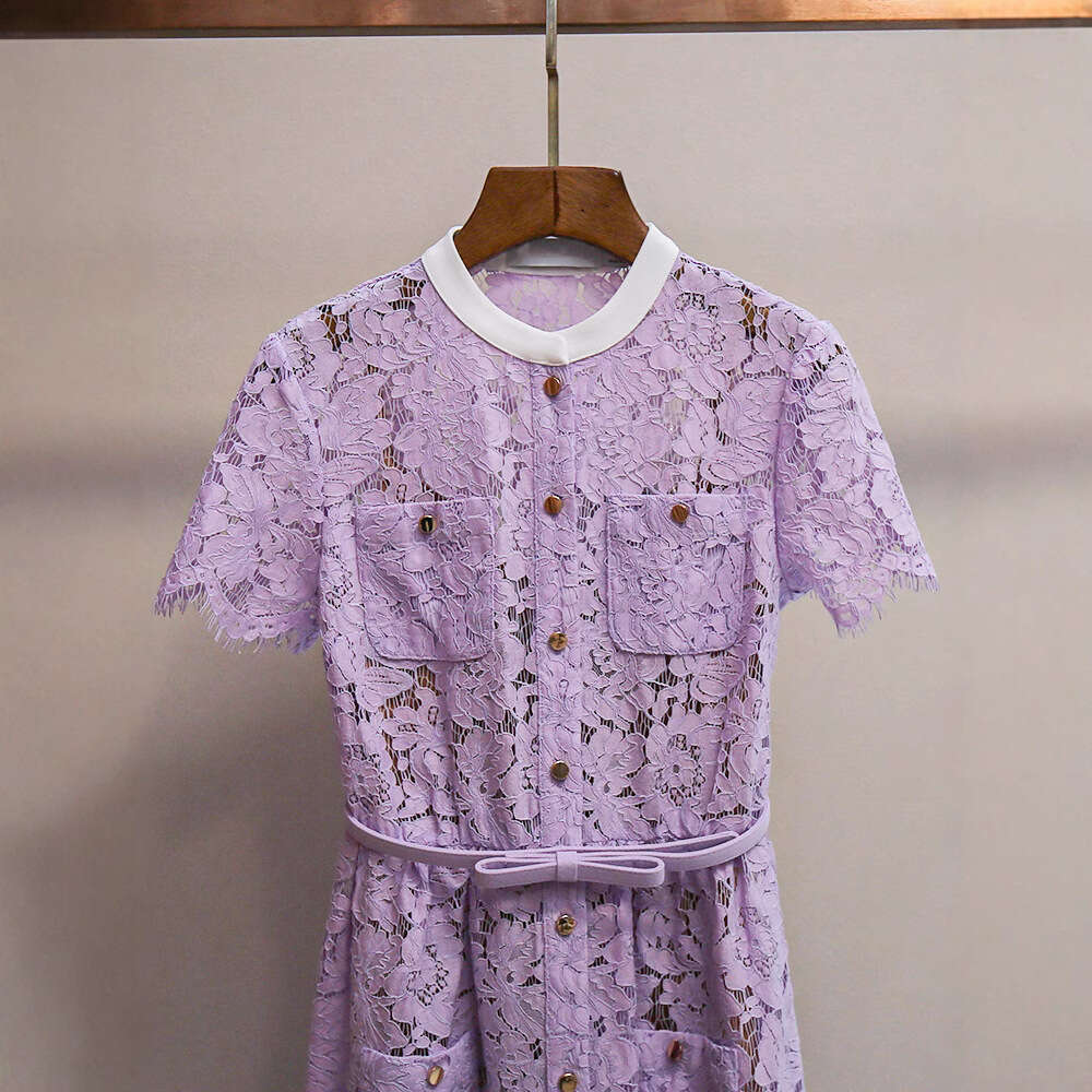 2026 Spring and Summer New French High end Social Embroidered Lace Round Neck A-line Waist Long Dress for Women