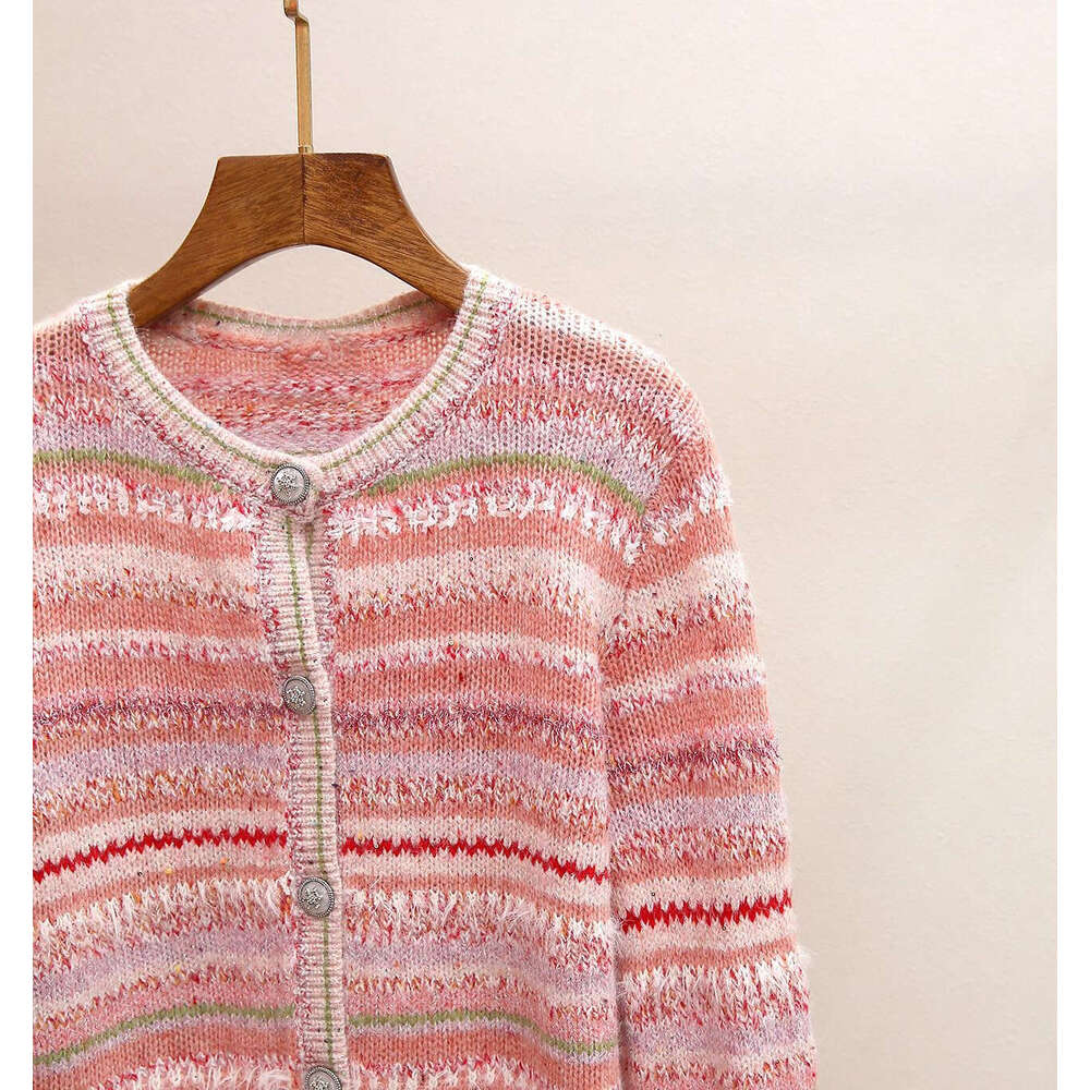 2026 designer high-end women's spring and summer new sweet mixed color striped round neck versatile single breasted knitted sweater top