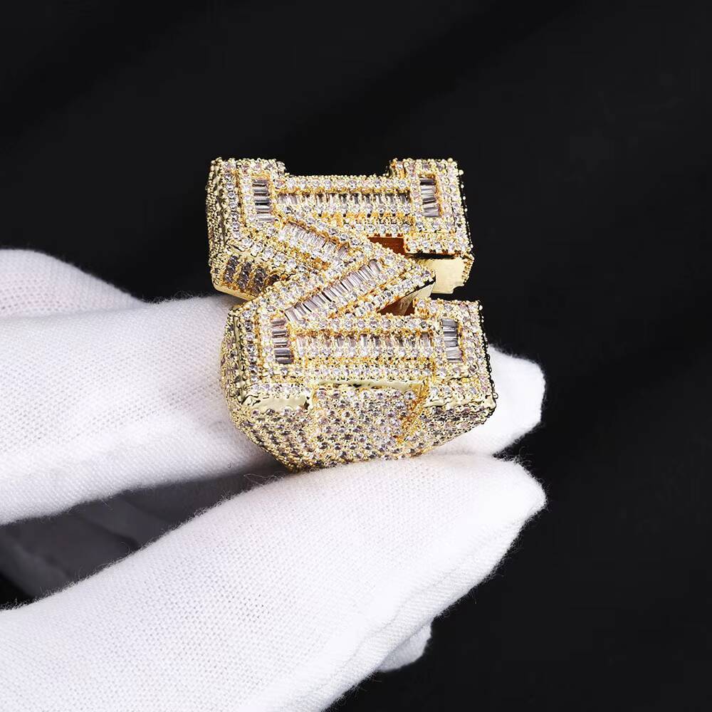 VEROMCA Custom 26 Letters Hip Hop Shiny Princess Cut Copper MoissaniteVVS Gold Plated Iced Out Initial Letter Ring