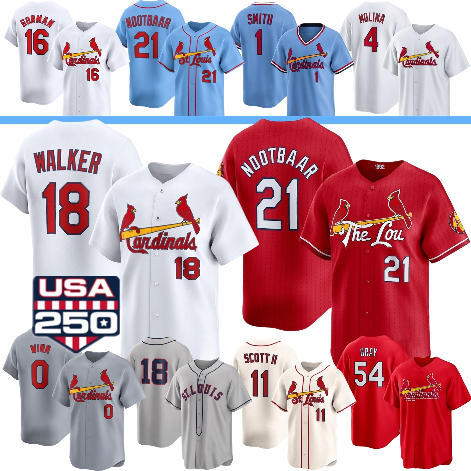 St. Louis Cardinal Jersey JJ Wetherholt Tink Hence Walker Lars Nootbaar Masyn Winn Scott II Gorman Burleson Herrera Musial Pujols Gibson Baez Cijntje May Davis Kid