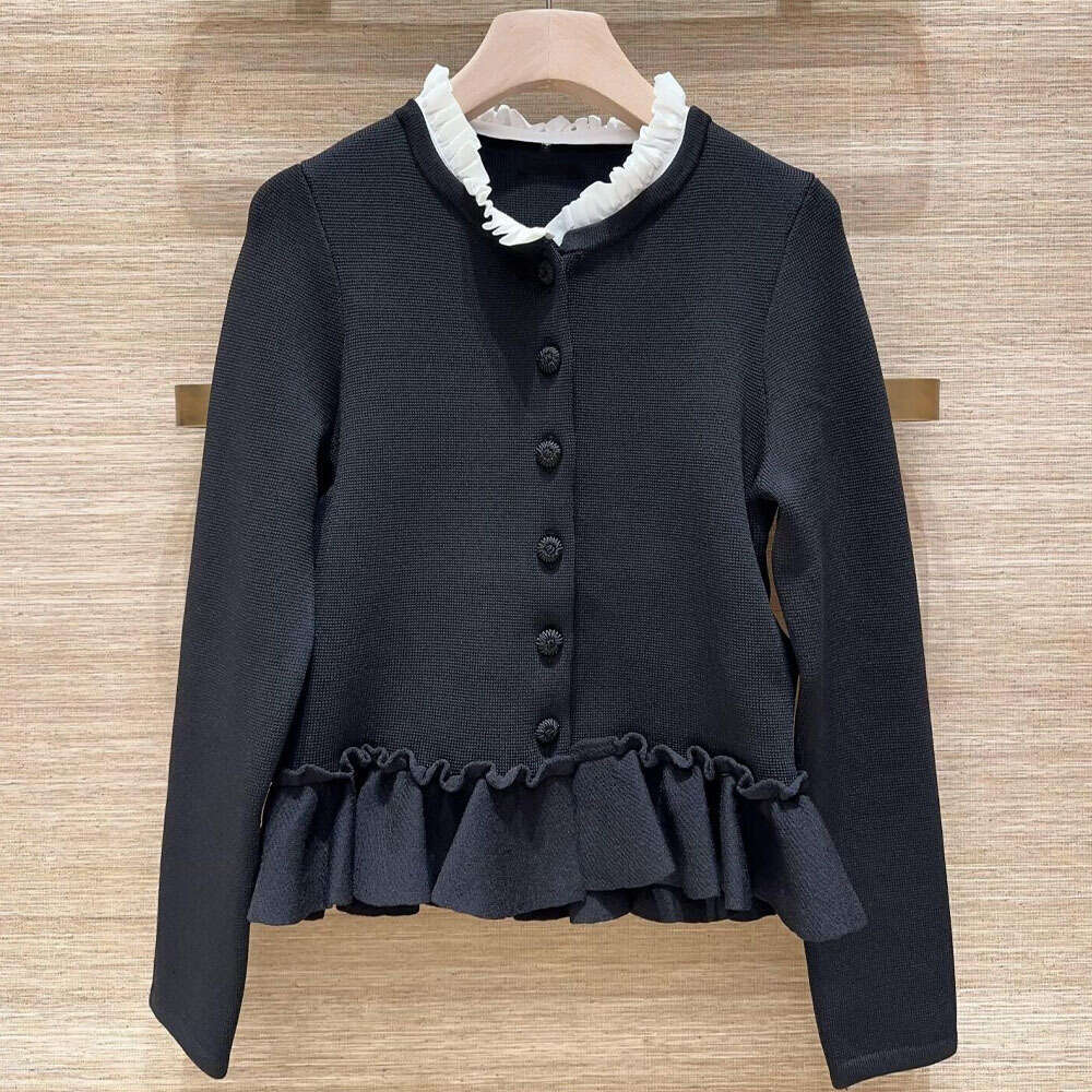 2026 Spring/Autumn New Designer Elegant French Fashion Ruffle Border Collar Long Sleeve Knitted A13 Short Cardigan Top