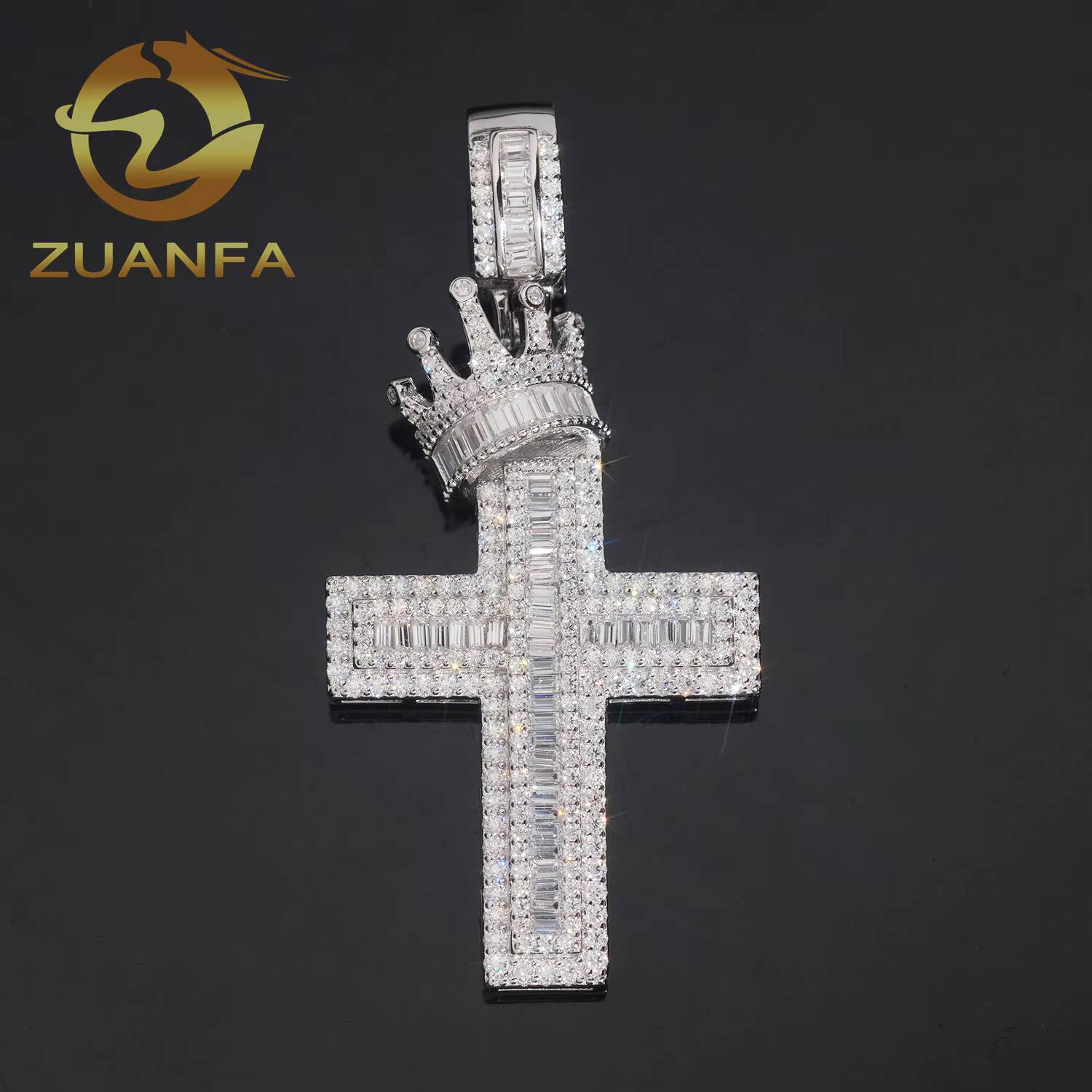 925 Silver Hip Hop Jewelry Iced Out Cross Pendant with Crown VVS Moissanite Diamond Pendant Charm Pass Diamond Tester