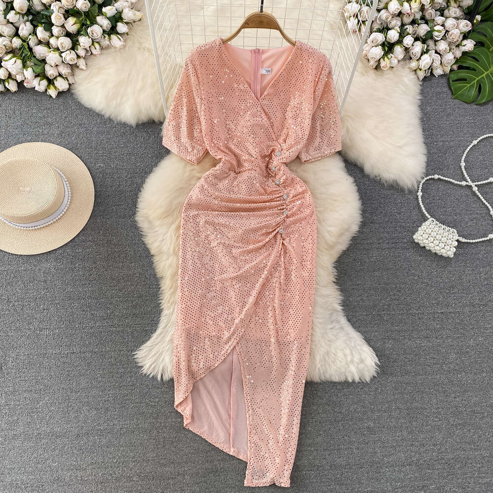 2026 A12 designer fashion women's short sleeved V-neck waist slimming pleated skirt shiny silk irregular slit slimming dress