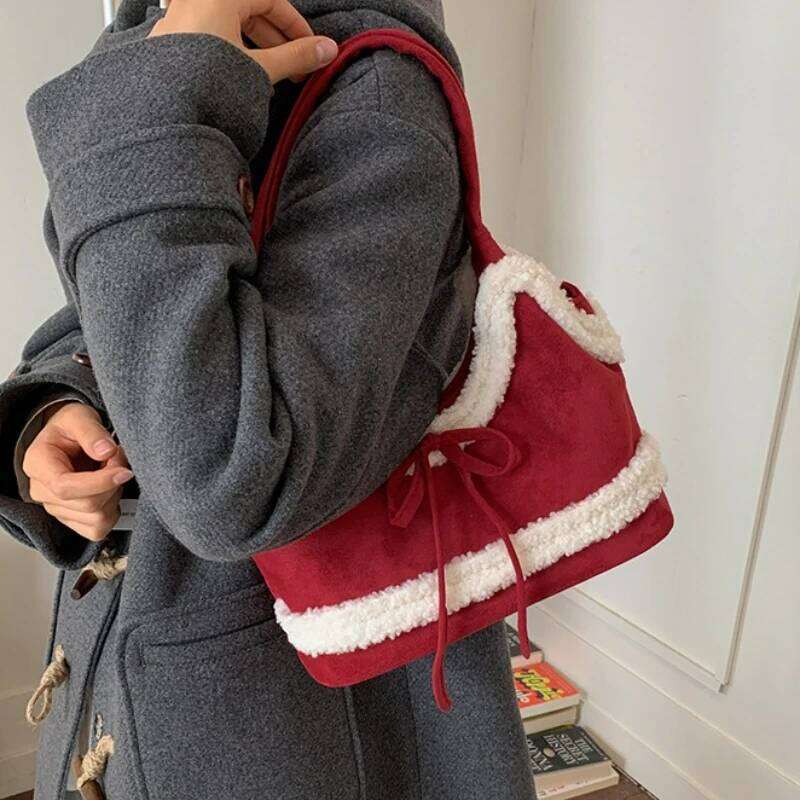 Vintage Shearling Suede Tote Women Large Capacity Bow Shoulder Autumn Winter Fashion Simple Texture Casual Bucket Bag XJ260306