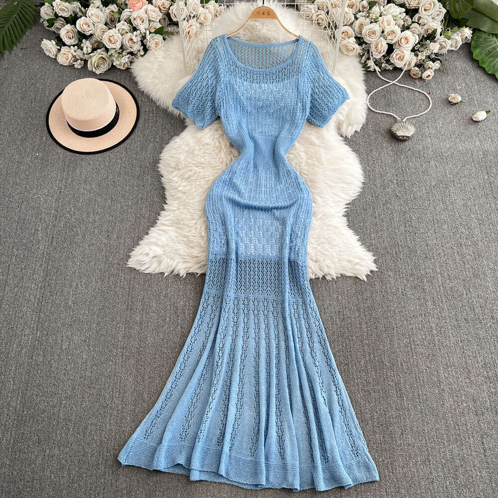 Cross border European, American, French retro hollow women's knitted dress 2026 spring and summer A13 new elegant waist cinching slimming