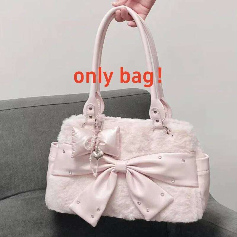 Vintage Y2k Polka Dot Bow Shoulder Japanese Sweet Underarm Stylish Cute Lolita Handbag Casual Versatile Plush Tote Bag XJ260306
