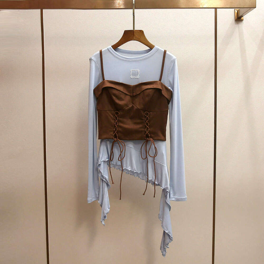 2026 designer high-end women's clothing spring new style spicy girl style retro A12 lace up ruffle edge irregular women's T-shirt set