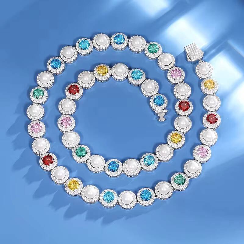 95 MM Gold Plated S925 Sterling Silver Moissanite Diamond Multi-Color Pearl Hip Hop Chain Necklace for Men Women
