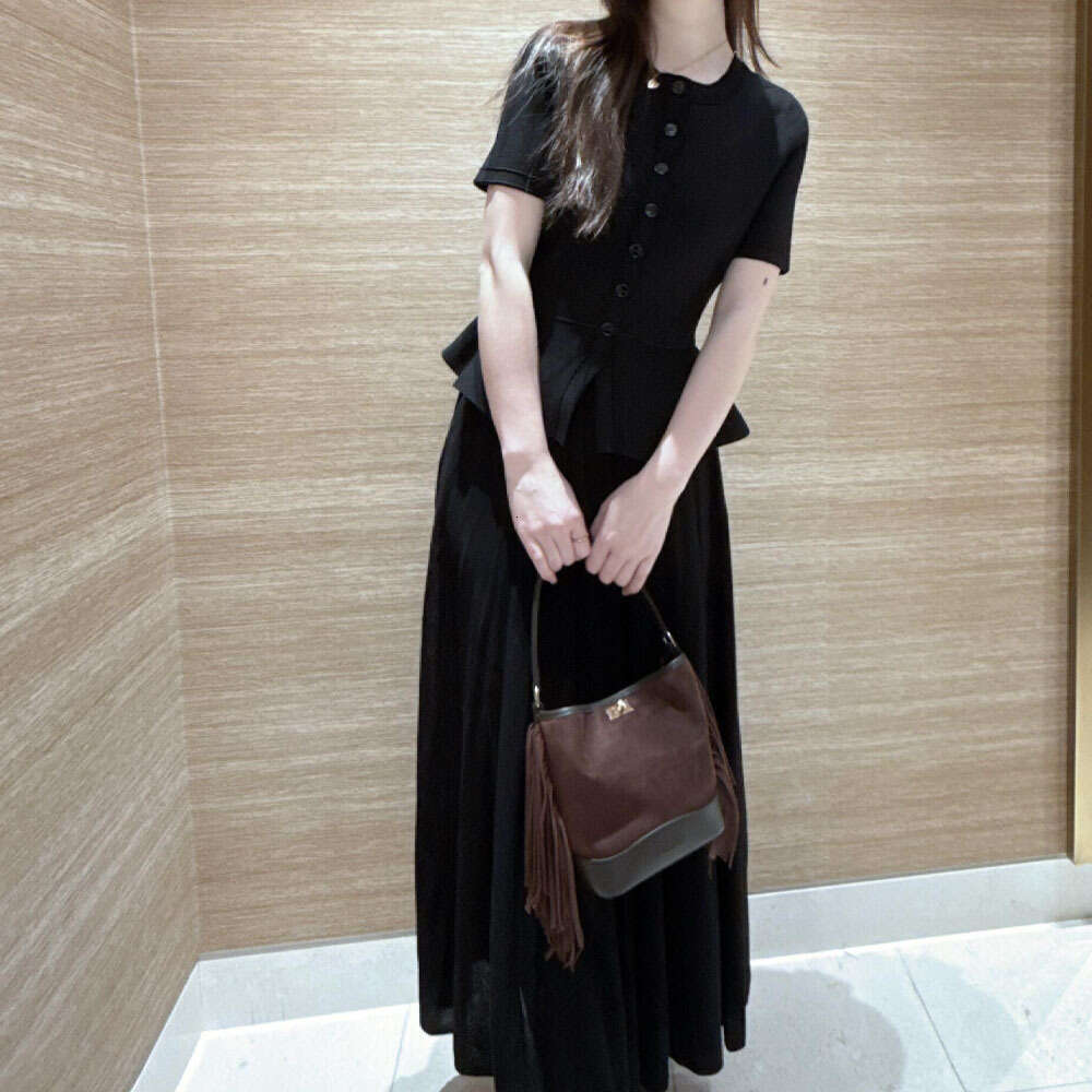 2026 Spring and Summer New French Elegant Imitation Two Piece Folded Texture Round Neck Short Sleeve A12 Women's Long Dress