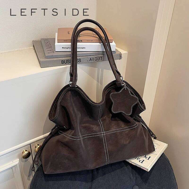 LEFTSIDE PU Leather Tote Bag Women Top Handle Purse with Contrast Stitching Female Shoulder Handbag Work Bags for Daily Use XJ260306