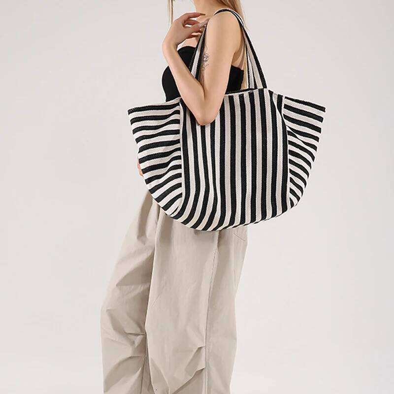 Simple Striped Shoulder Bag New Large Capacity Canvas Women Shopper Tote Female Casual Multifunctional Travel Top-handle Handba XJ260306