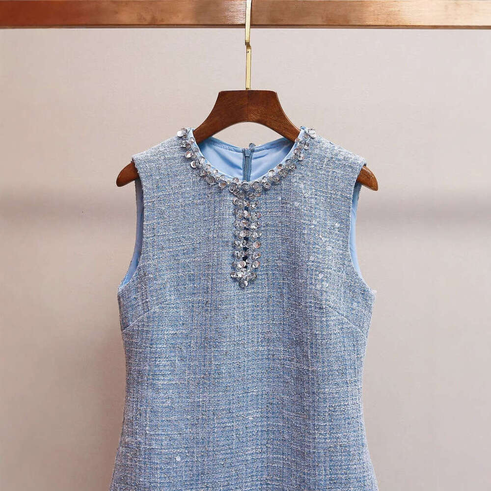 2026 Spring New Designer Celebrity Style Mist Blue Water Diamond Hollow Sexy Round Neck Glitter Tank Top