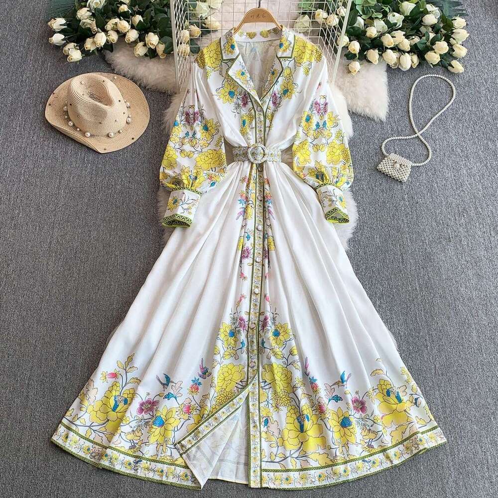 French retro printed dress for women, standing collar with A13 lantern sleeves, spring and autumn with pearl buttons, tie waist, slim fit effect, big 