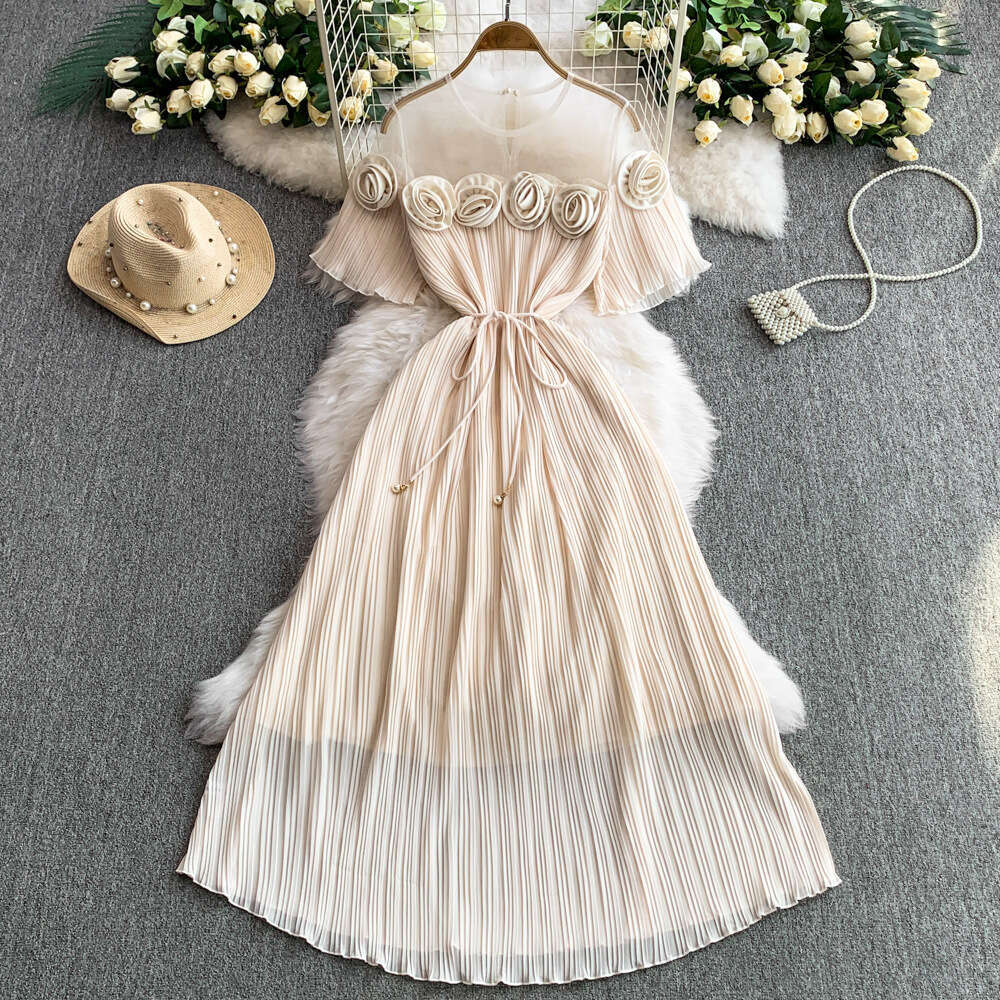 Elegant and exquisite long sleeved three-dimensional floral detail tie waist women's slim fit A-line pleated A12 skirt 2026 spring