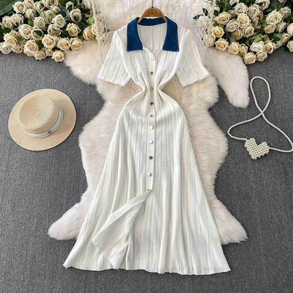 2026 Spring and Summer French New Short sleeved Knitted Dress with Elegant Waist and Wide Bottom, A-line Long Dress