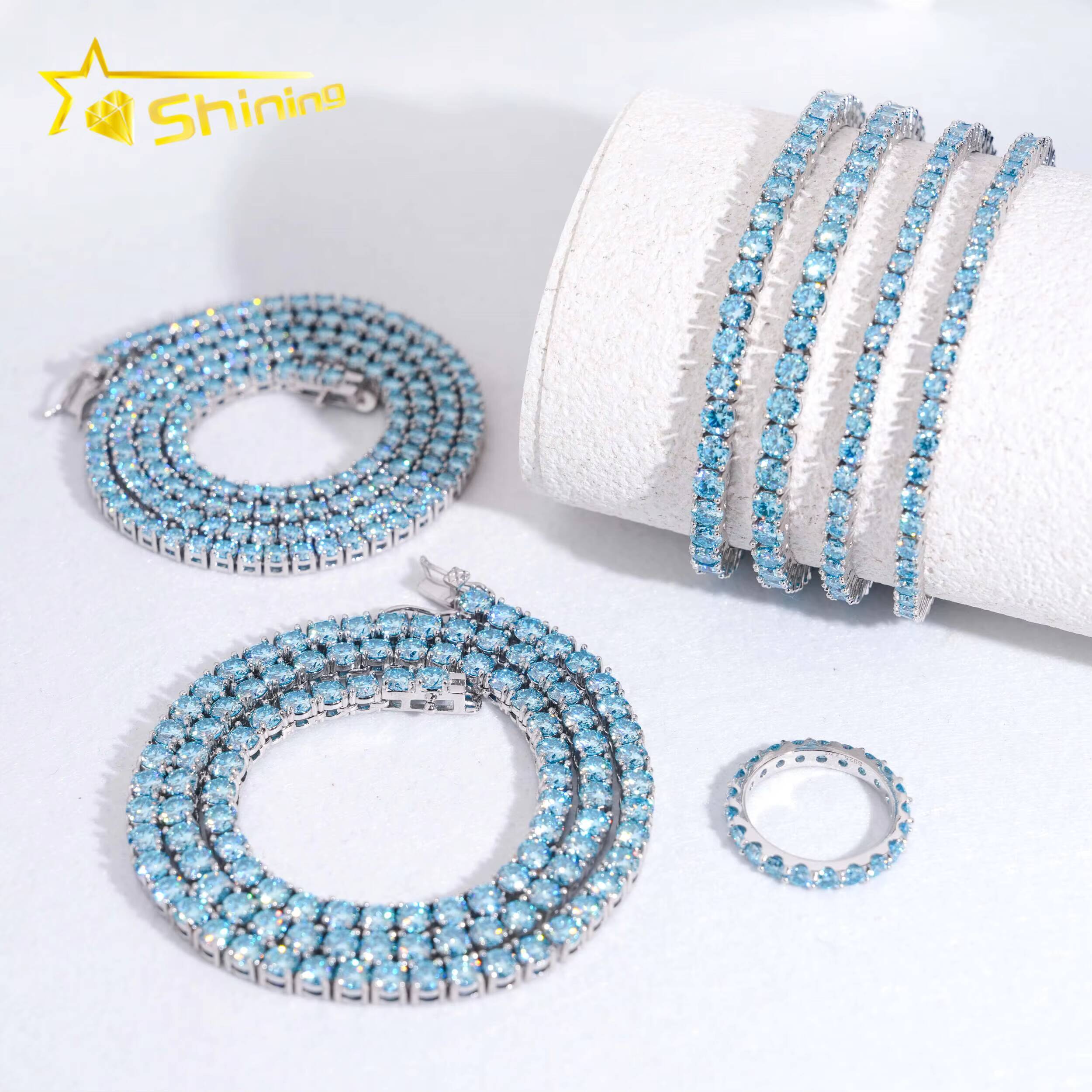 Fast Shipping Aquamarine Color Moissanite Tennis Chain 925 Sterling Silver Gold Plated Pass Diamond Test Moissanite Necklace