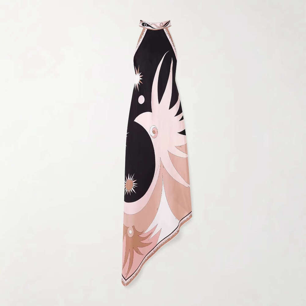 New Summer European and American Sexy Halter Neck Backless Printed Satin Vacation Beach Dress for Women